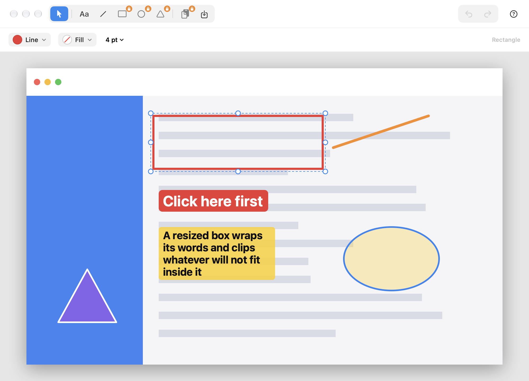 The Sniplark editor: a screenshot with a red rectangle, an orange line, a 'Click here first' label, a yellow note, an ellipse and a triangle drawn on it